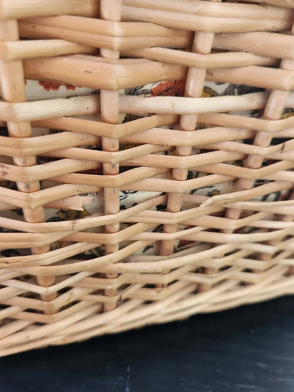 Vintage Handmade Woven Rattan Basket Tote in Natural Brown with Bird Liner